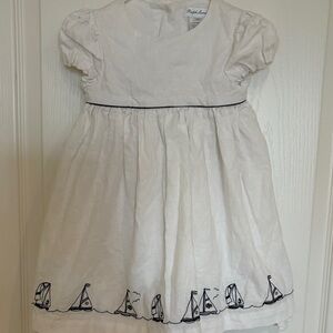 Ralph Lauren White Dress with Navy Sailboat Embroidery white linen. Ruffled.